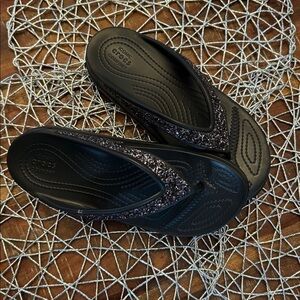 Crocs Sloane Glitter Embellished Wedge Flip Flops Black New 8